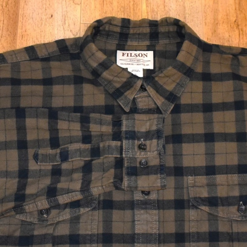 Filson Flannel Alaskan Guide Shirt Mens XL Olive Black Buffalo Check Button Up